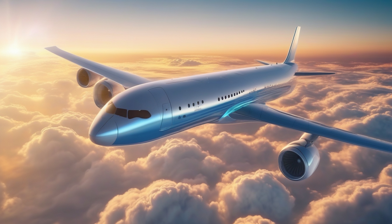 朝焼けの空へ向かって飛行する次世代旅客機